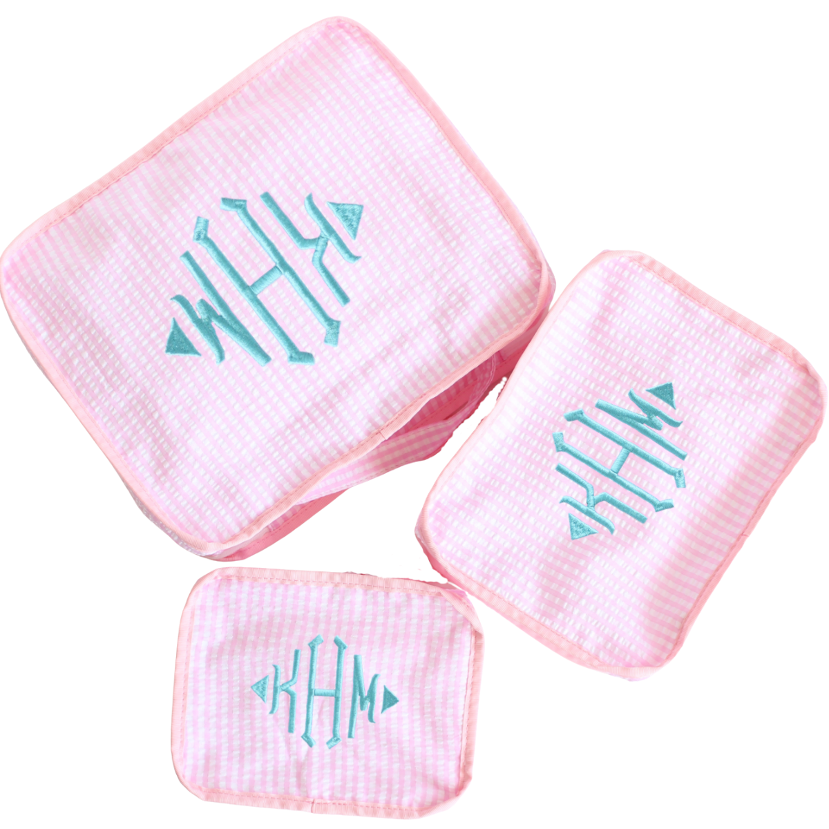 【選べるモノグラム】スタッキングポーチ3点セットPink Check Seersucker