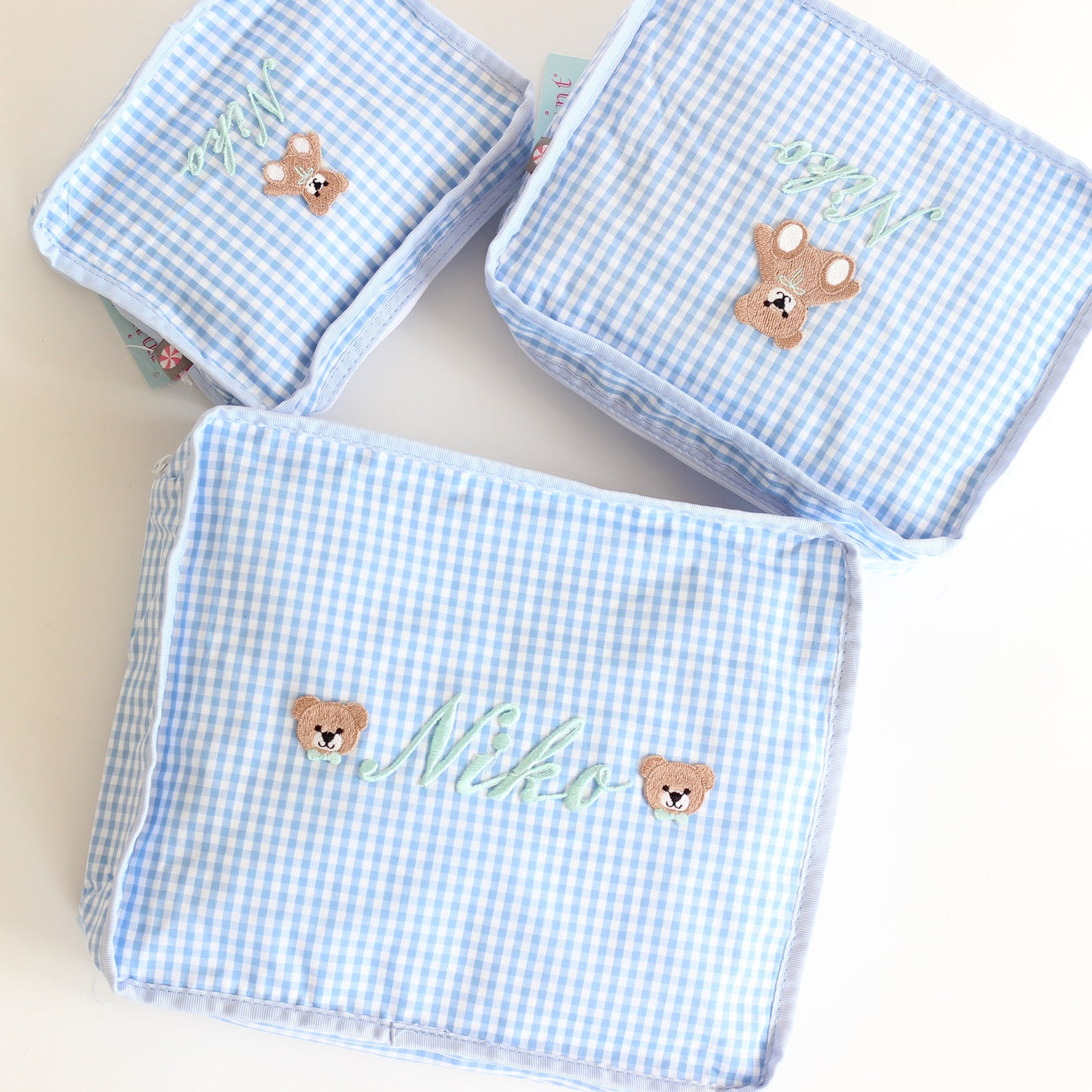【選べるモチーフ】スタッキングポーチ3点セットBaby Blue Gingham