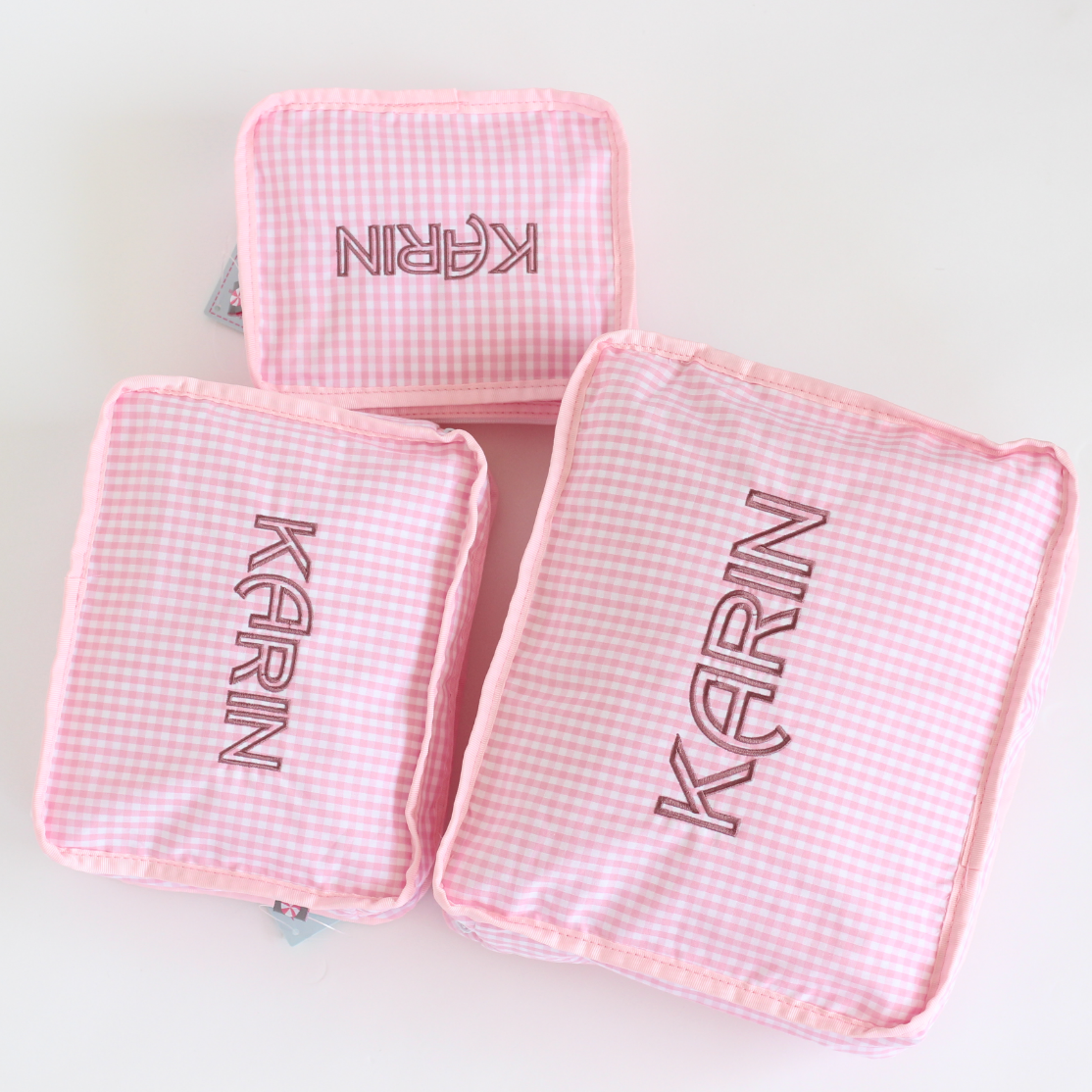 【選べるデザインフォント】スタッキングポーチ3点セットPink Gingham