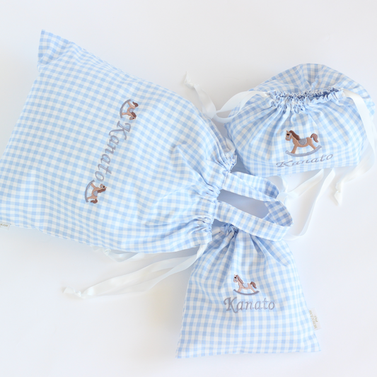 【ロッキングホース+名入れ刺繍】巾着袋3種類セット(チェック柄3色)