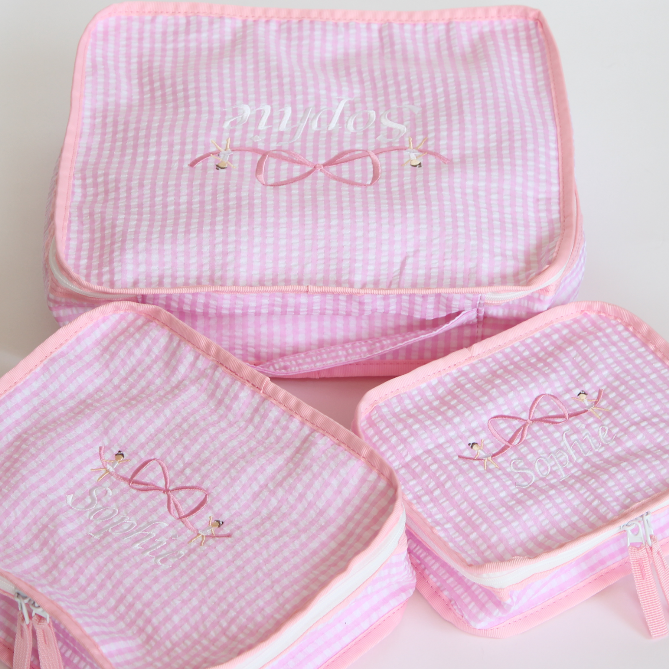 【選べるモチーフ2】スタッキングポーチ3点セットPink Check Seersucker