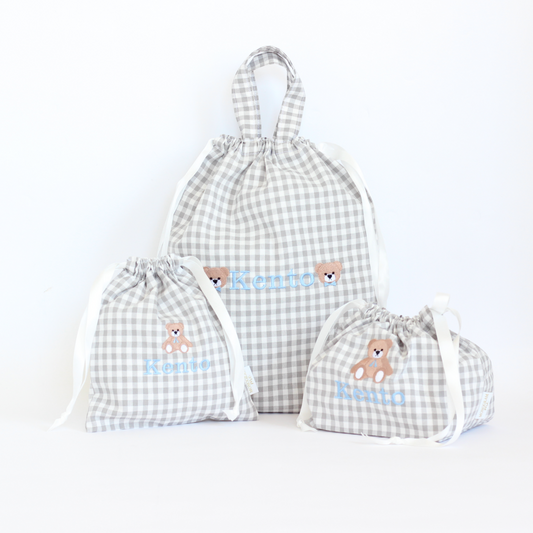【くまちゃん+名入れ刺繍】巾着袋3種類セット(チェック柄3色)
