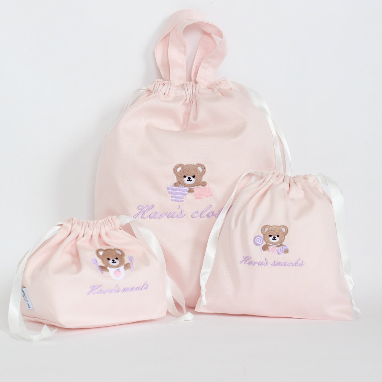 くまちゃんとお菓子モチーフの名入れ巾着袋Sマチなし