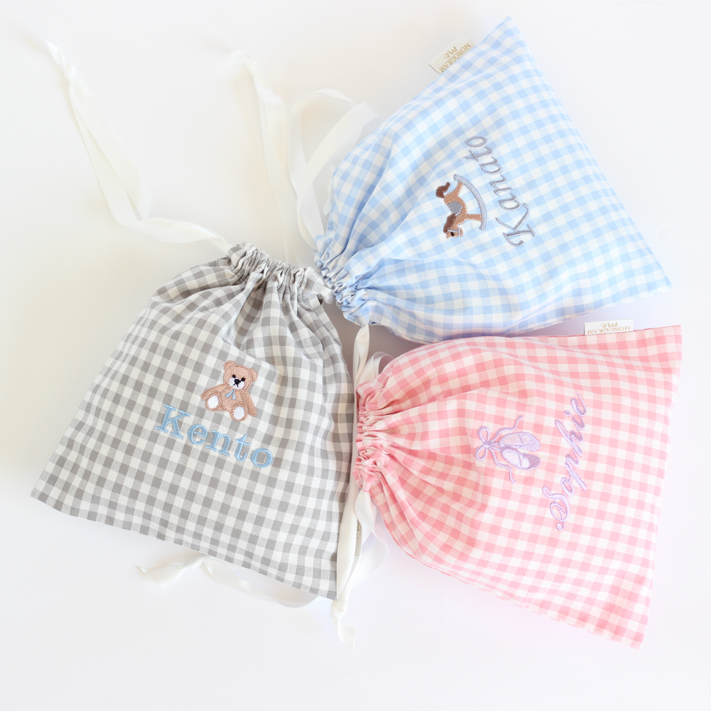 【トゥーシューズ+名入れ刺繍】巾着袋Sマチなし(チェック柄3色)