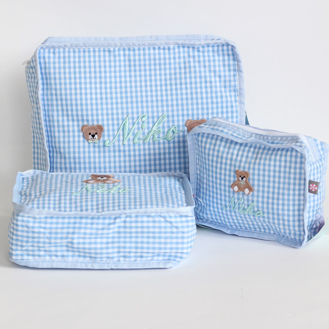 【選べるモチーフ】スタッキングポーチ3点セットBaby Blue Gingham