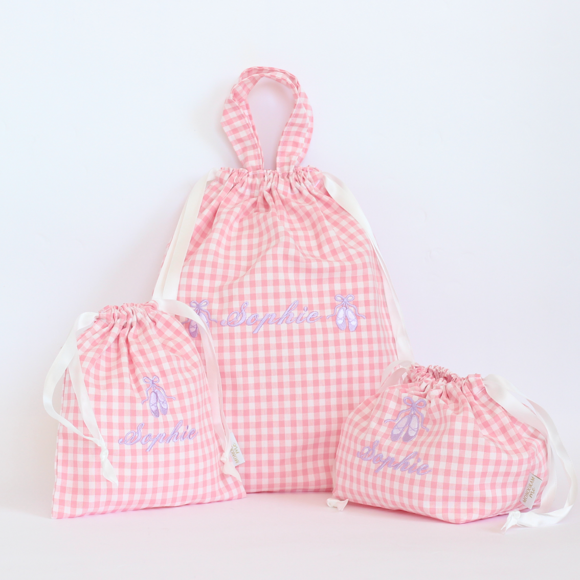 【トゥーシューズ+名入れ刺繍】巾着袋3種類セット(チェック柄3色)