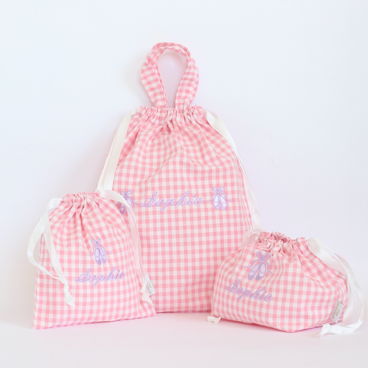 【トゥーシューズ+名入れ刺繍】巾着袋3種類セット(チェック柄3色)
