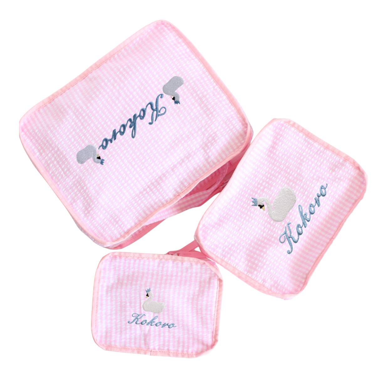 【選べるモチーフ】スタッキングポーチ3点セットPink Check Seersucker