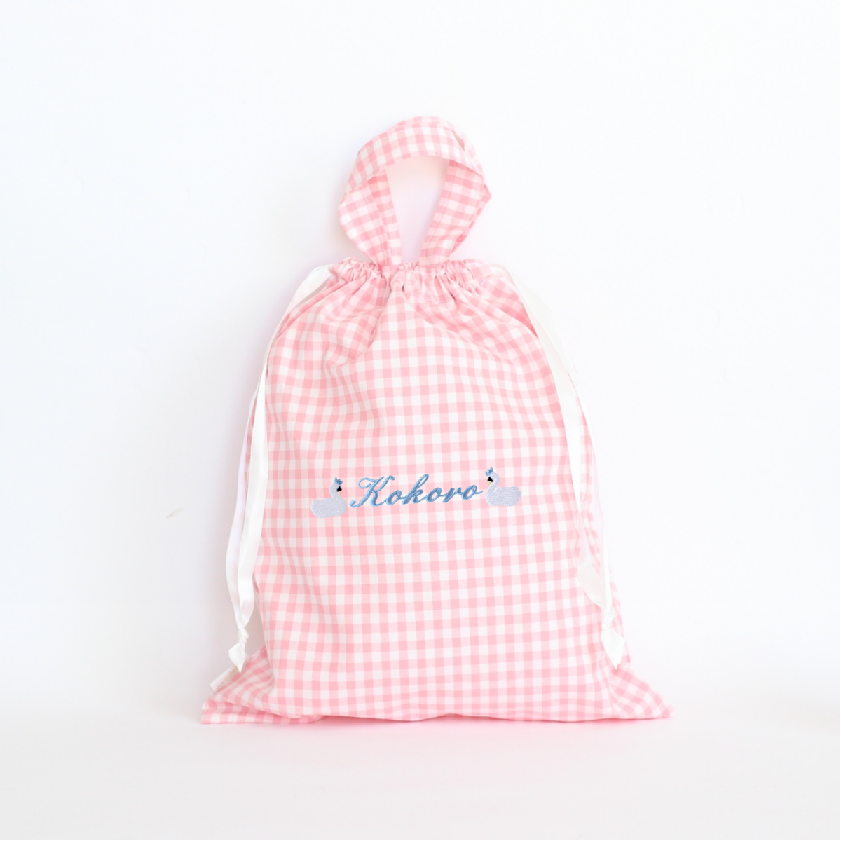 【スワン+名入れ刺繍】巾着袋3種類セット(チェック柄3色)
