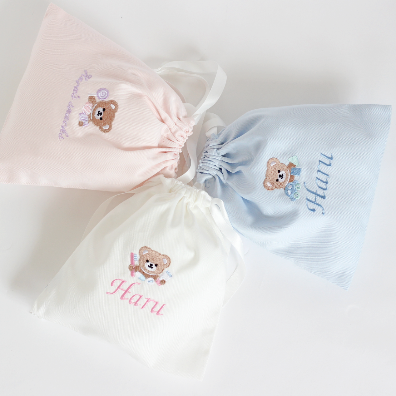 くまちゃんとお菓子モチーフの名入れ巾着袋Sマチなし