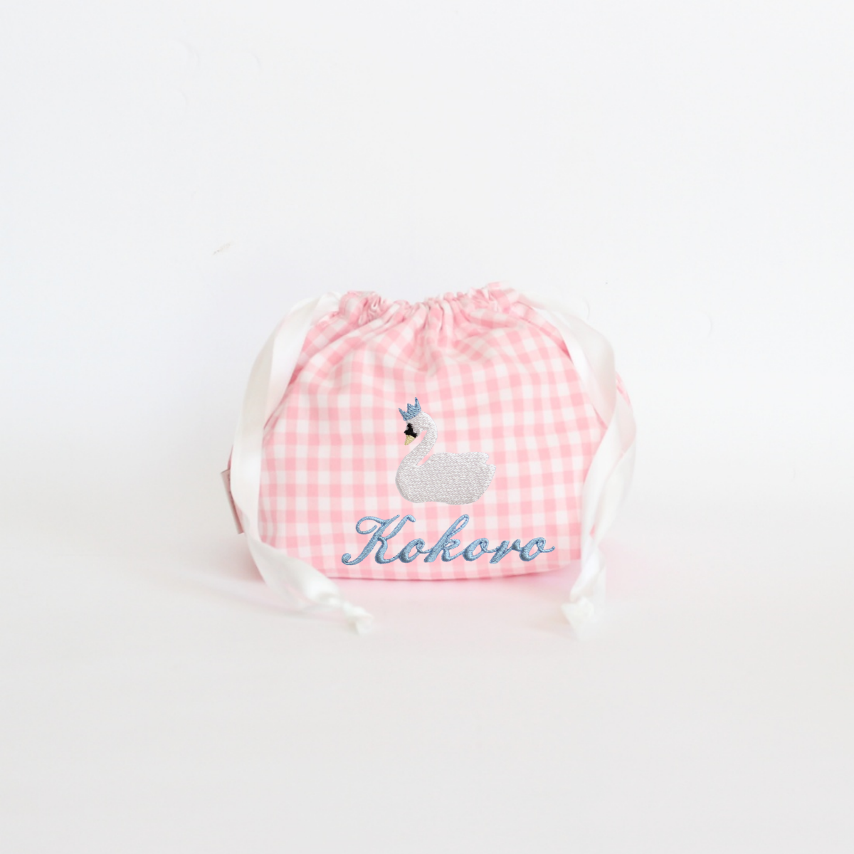 【スワン+名入れ刺繍】巾着袋3種類セット(チェック柄3色)