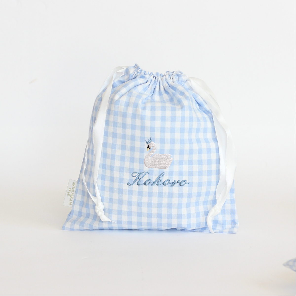 【スワン+名入れ刺繍】巾着袋3種類セット(チェック柄3色)