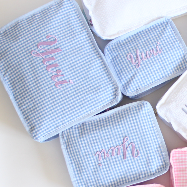 【選べるデザインフォント】スタッキングポーチ3点セットPink Gingham