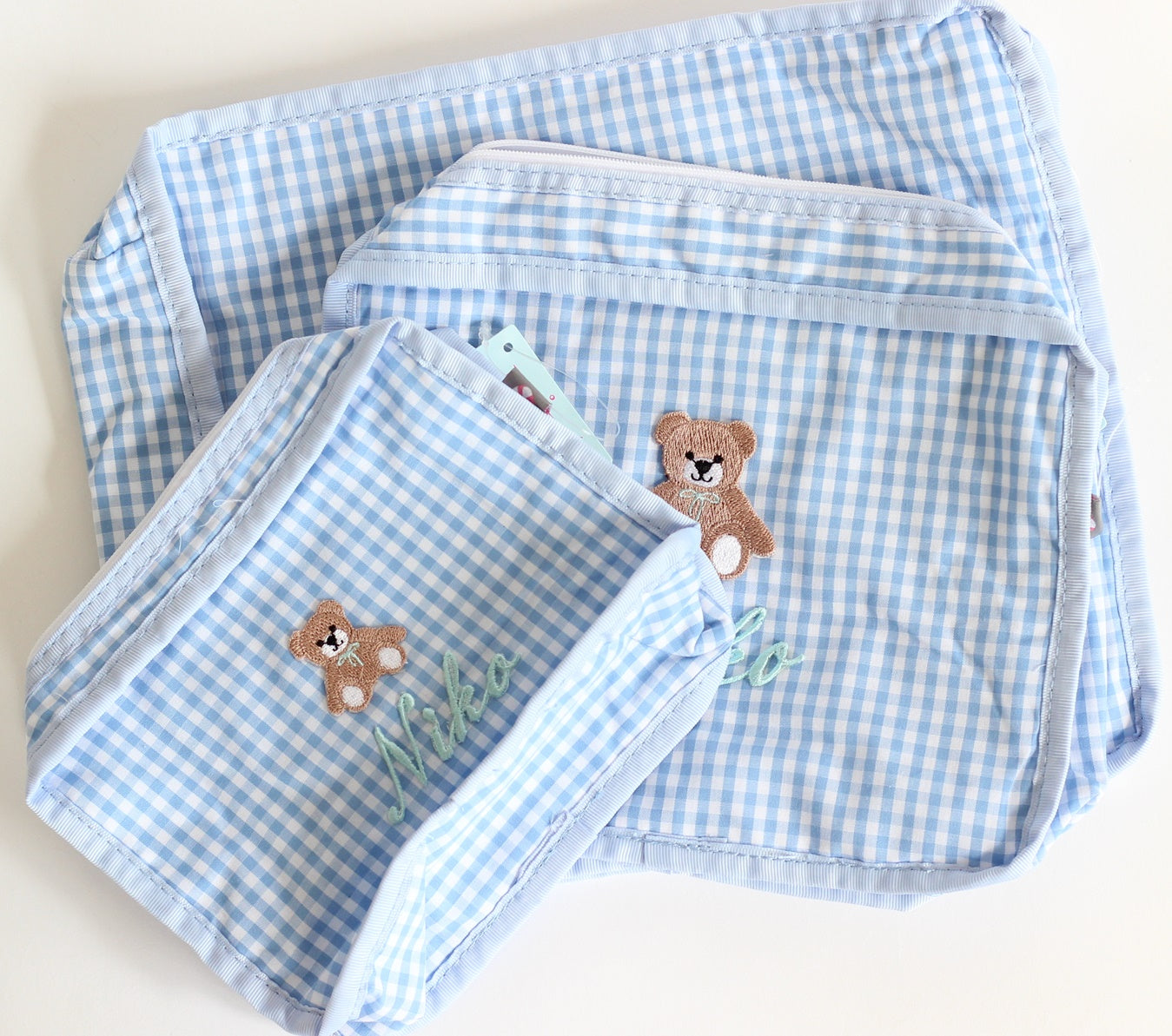 【選べるモチーフ】スタッキングポーチ3点セットBaby Blue Gingham