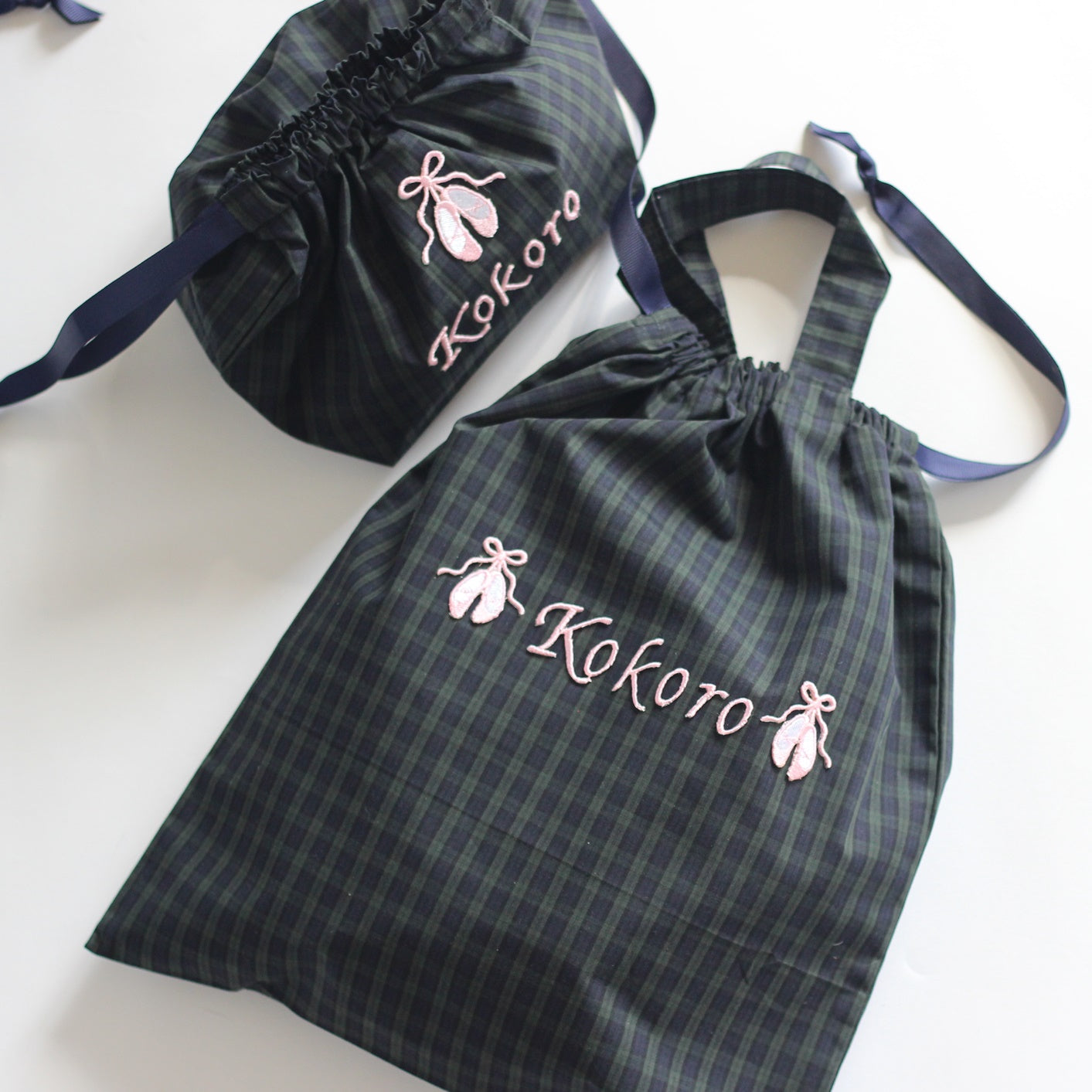 【選べるモチーフ+名入れ刺繍】ブラックウォッチの巾着袋3種類セット
