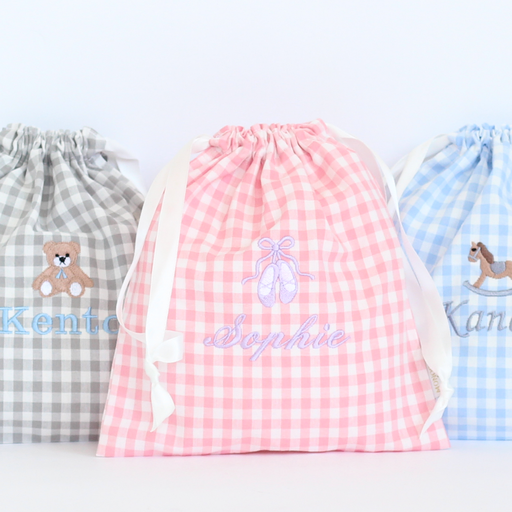 【トゥーシューズ+名入れ刺繍】巾着袋Sマチなし(チェック柄3色)
