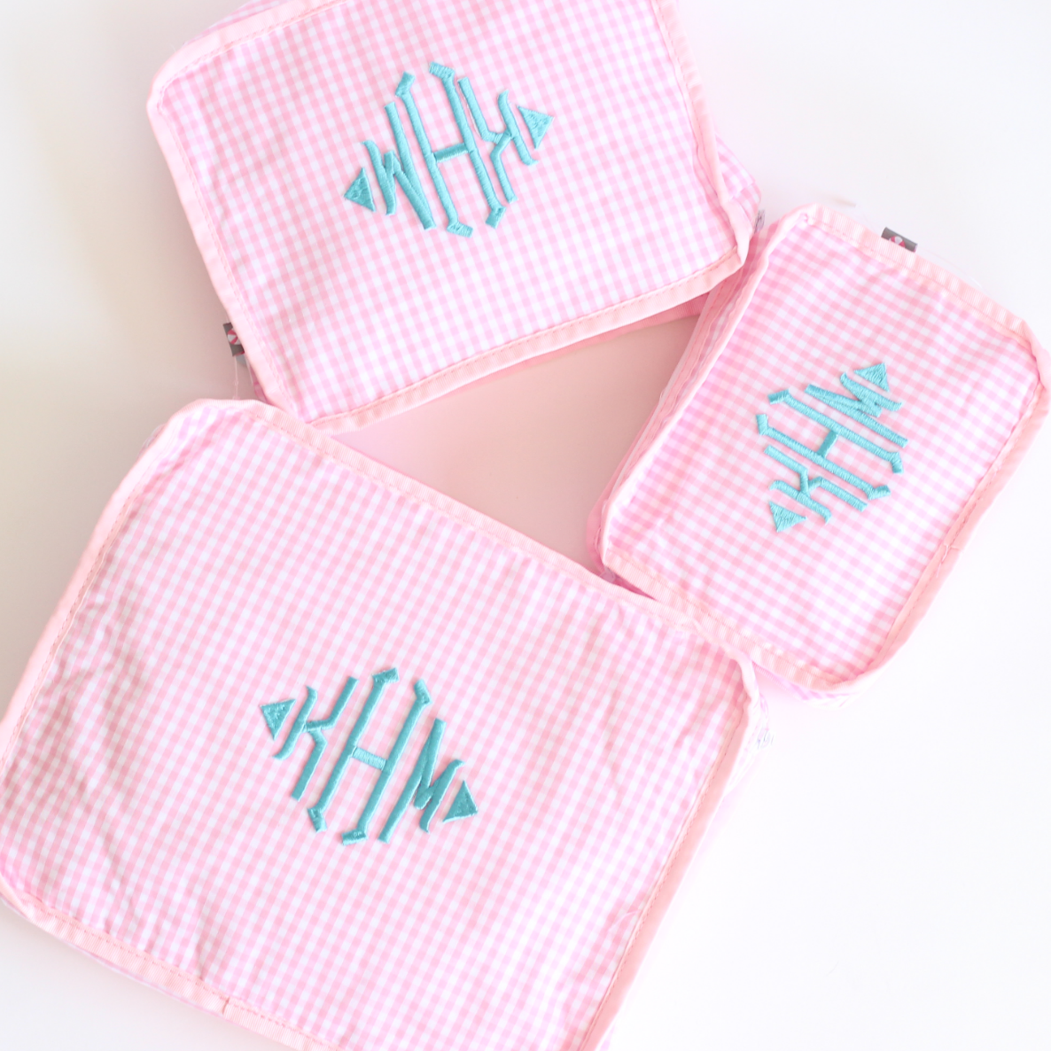【選べるモノグラム】スタッキングポーチ3点セットPinkGingham