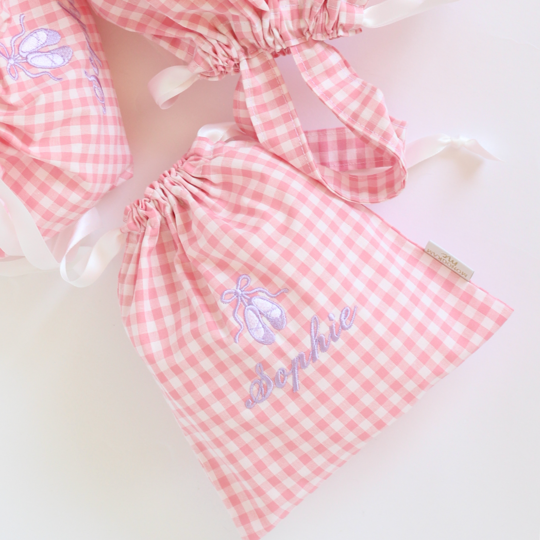 【トゥーシューズ+名入れ刺繍】巾着袋Sマチなし(チェック柄3色)