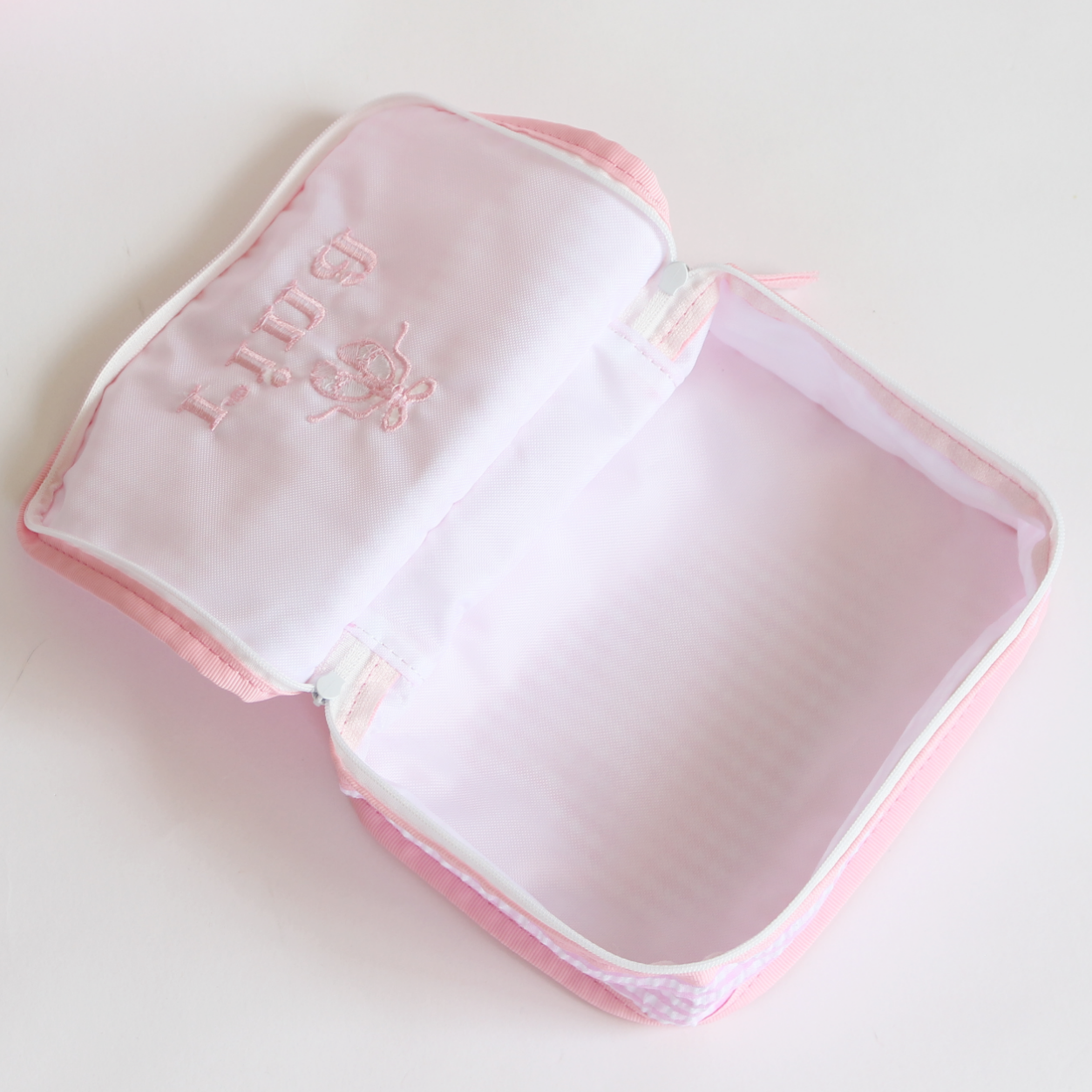 【選べるデザインフォント】スタッキングポーチ3点セットPink Check Seersucker