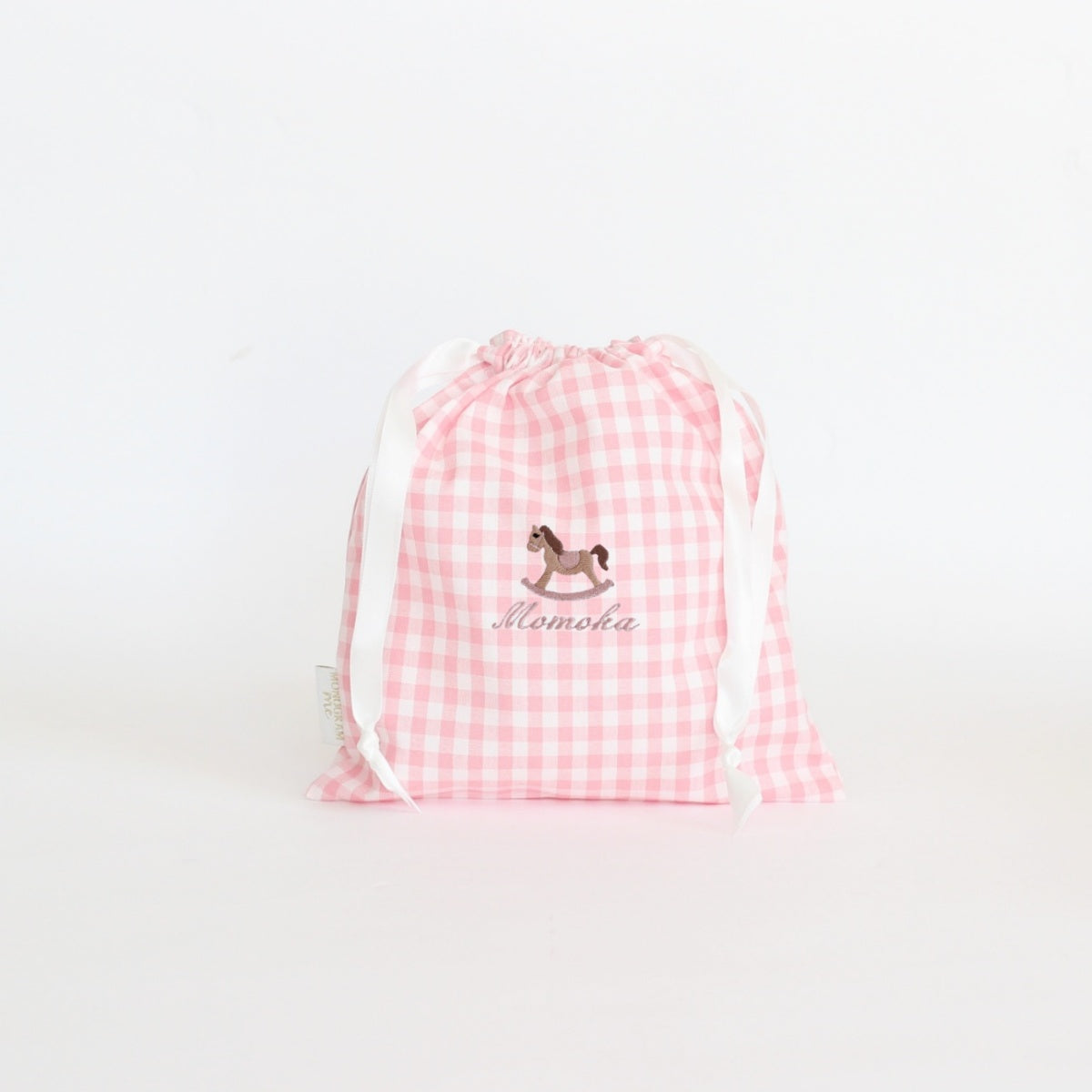 【ロッキングホース+名入れ刺繍】巾着袋3種類セット(チェック柄3色)