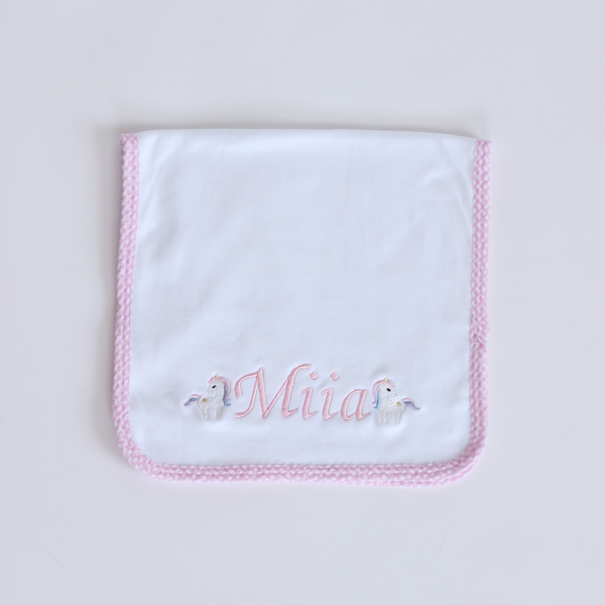 【選べるモチーフ+名入れ刺繍】ピンクギンガムチェックのバープクロス