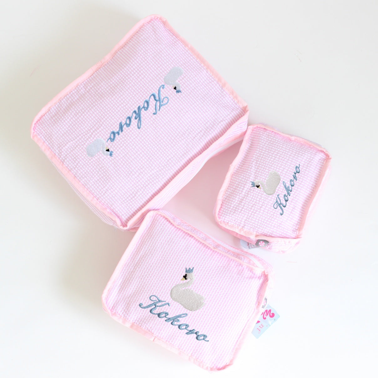 【選べるモチーフ】スタッキングポーチ3点セットBaby Pink Seersucker