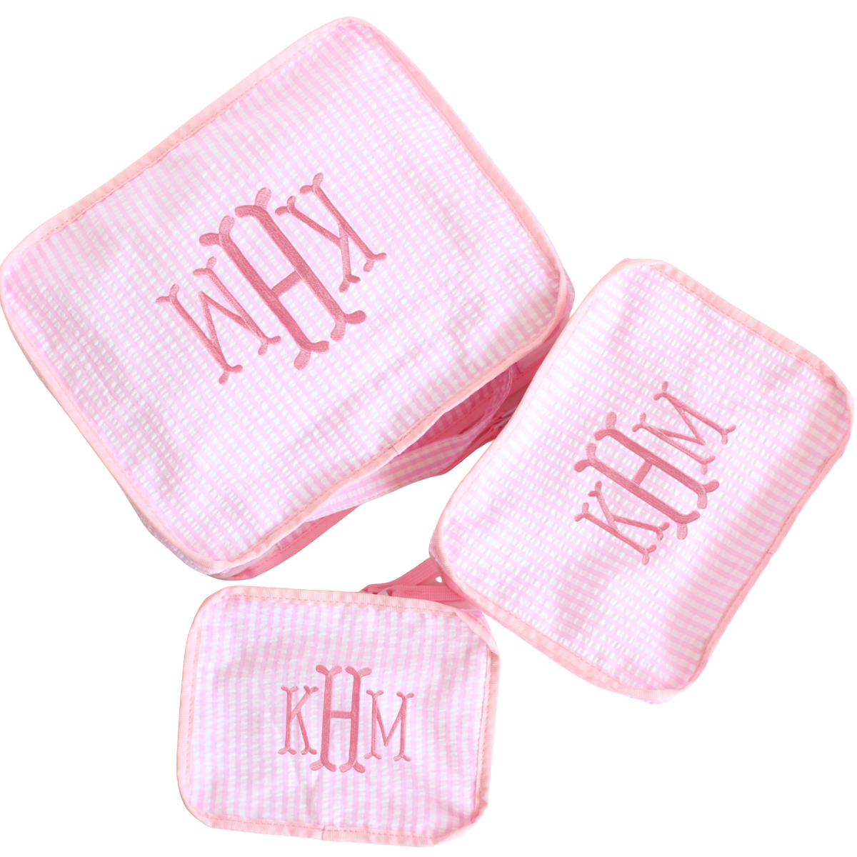 【選べるモノグラム】スタッキングポーチ3点セットPink Check Seersucker