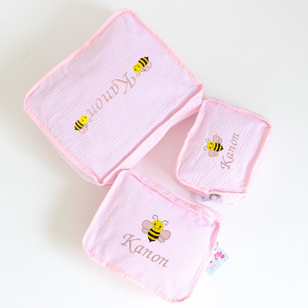 【選べるモチーフ】スタッキングポーチ3点セットBaby Pink Seersucker