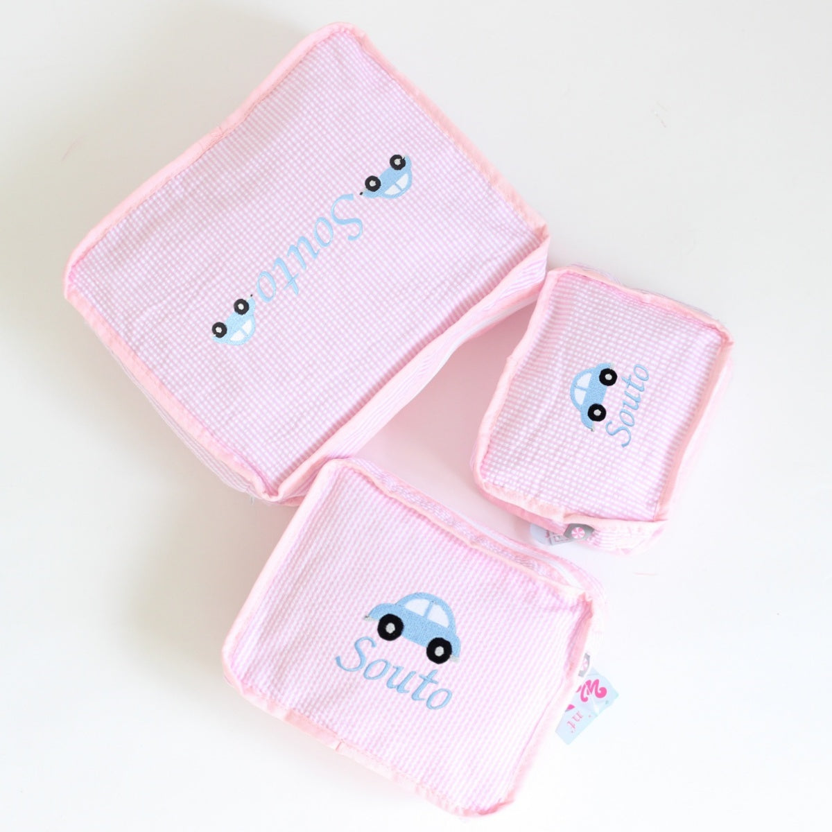 【選べるモチーフ】スタッキングポーチ3点セットBaby Pink Seersucker