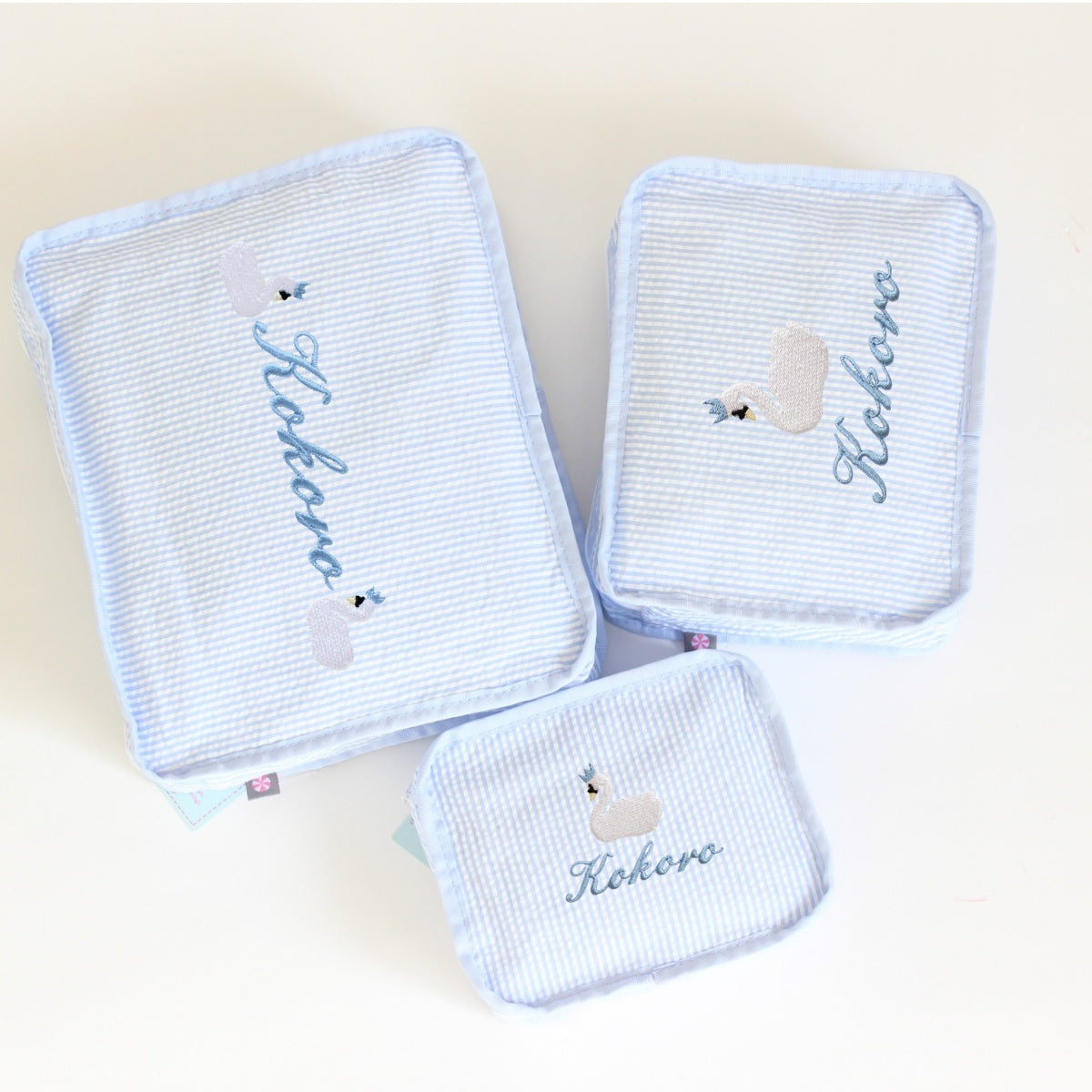 【選べるモチーフ】スタッキングポーチ3点セットBaby Blue Seersucker