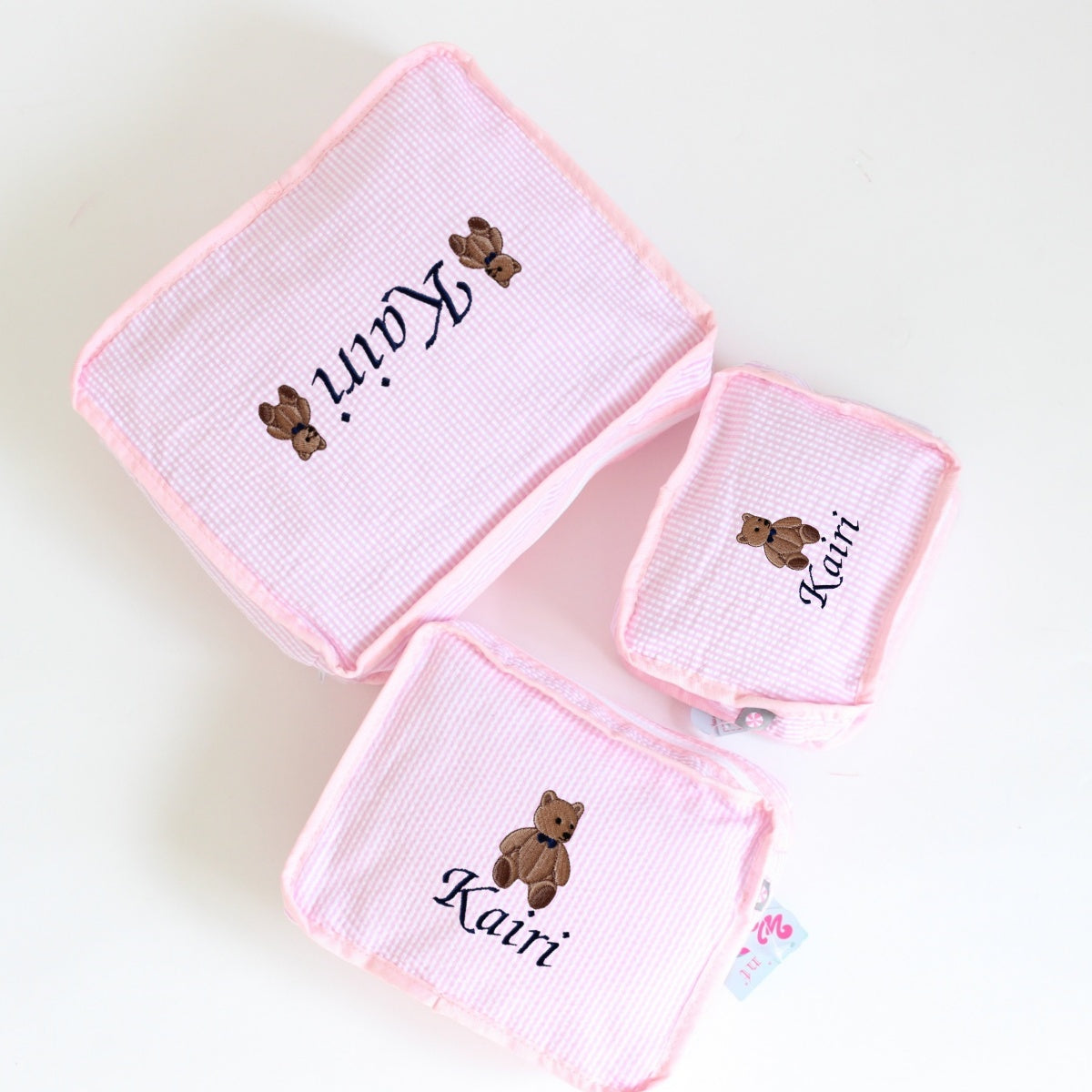 【選べるモチーフ】スタッキングポーチ3点セットBaby Pink Seersucker