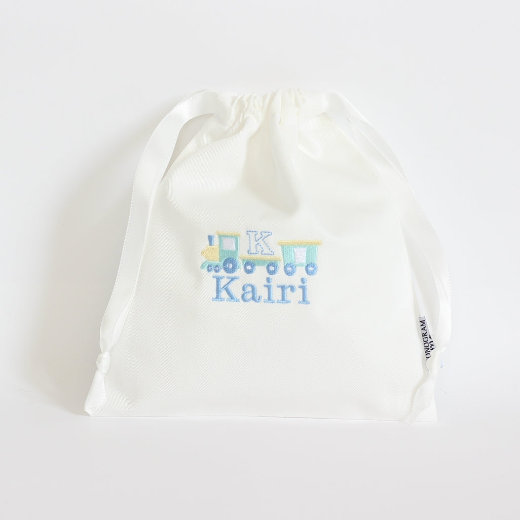 【電車+名入れ刺繍】巾着袋Sマチなし(4色)