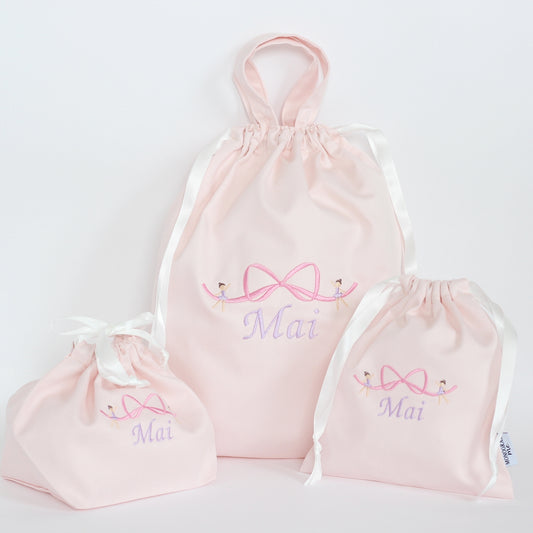 【バレリーナちゃん+名入れ刺繍】巾着袋3種類セット(4色)