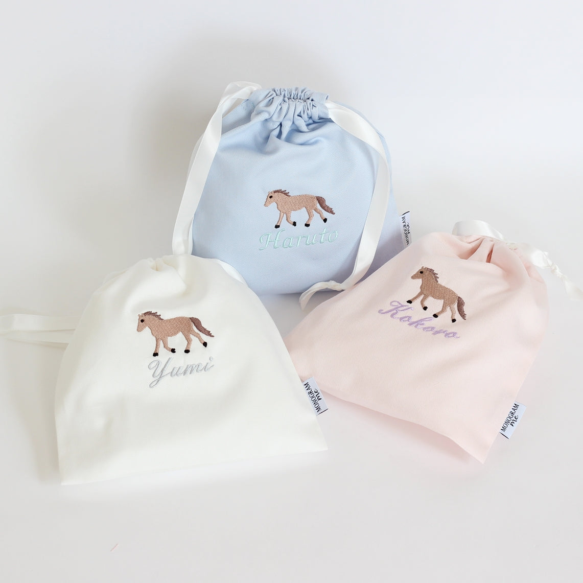 【ポニー+名入れ刺繍】巾着袋Sマチなし(4色)