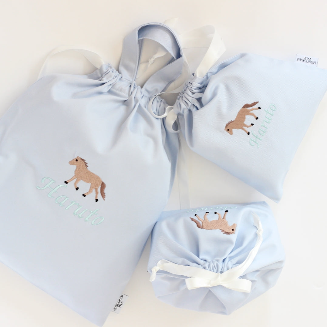 【ポニー+名入れ刺繍】巾着袋3種類セット(4色)