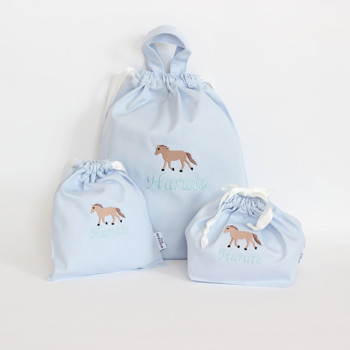 【ポニー+名入れ刺繍】巾着袋L持ち手付き(4色)