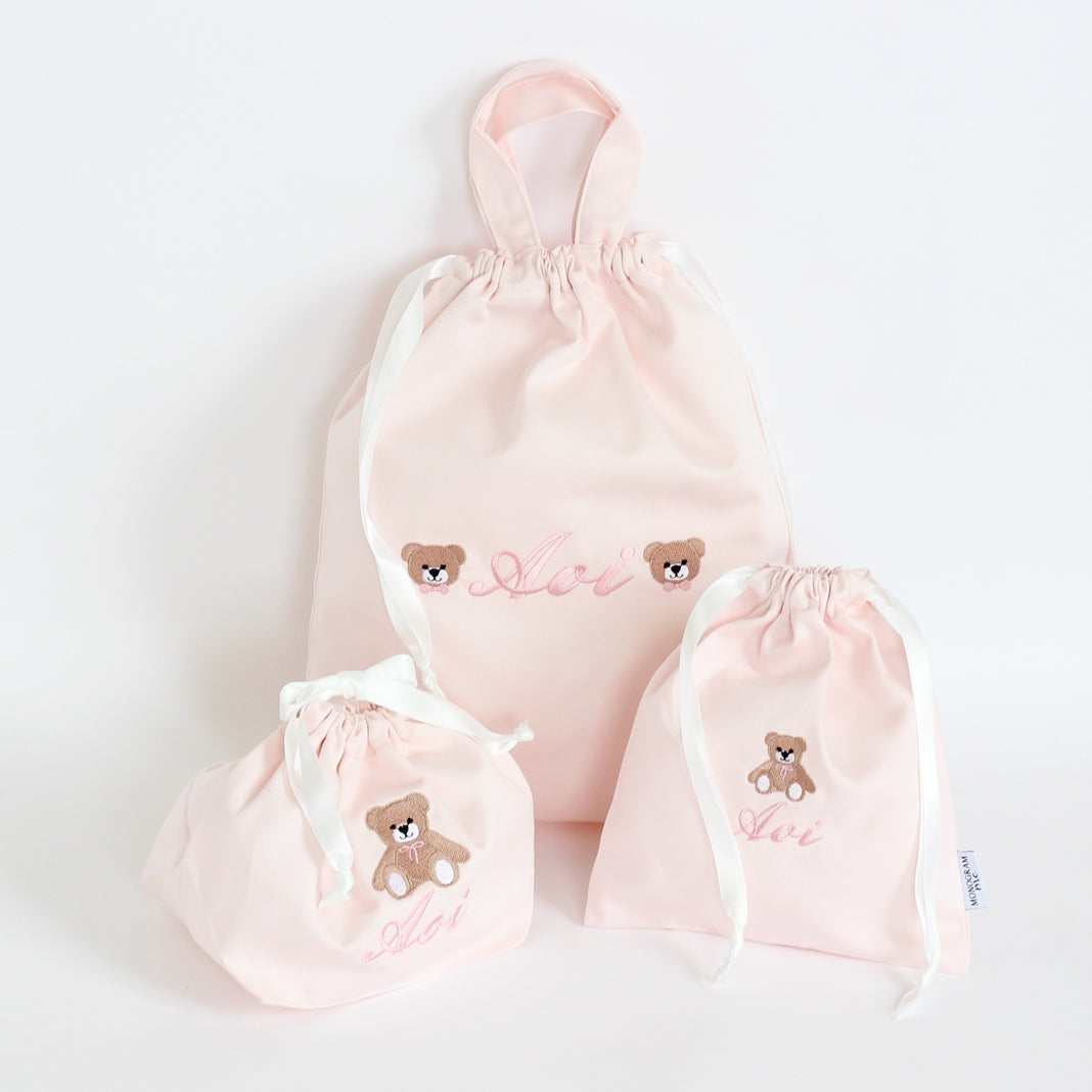 【くまちゃん+名入れ刺繍】巾着袋3種類セット(4色)