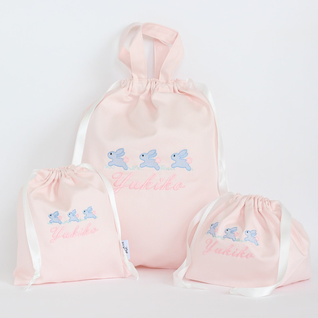 【うさぎさん+名入れ刺繍】巾着袋3種類セット(4色)