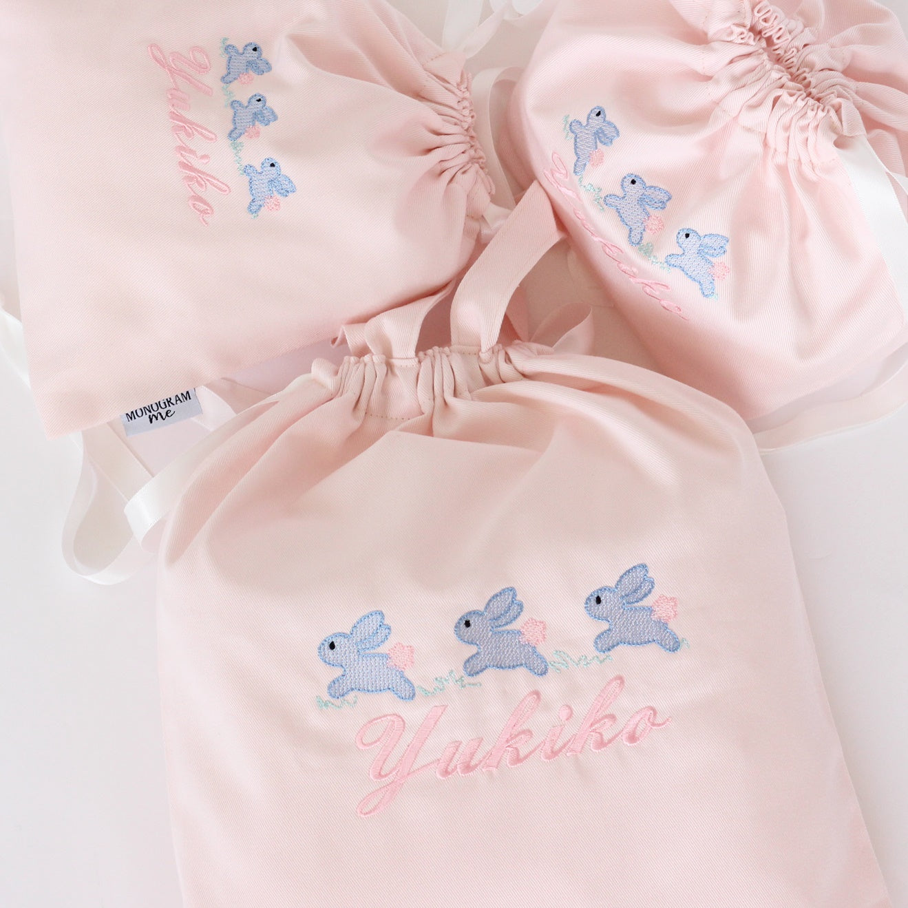 【うさぎさん+名入れ刺繍】巾着袋3種類セット(4色)