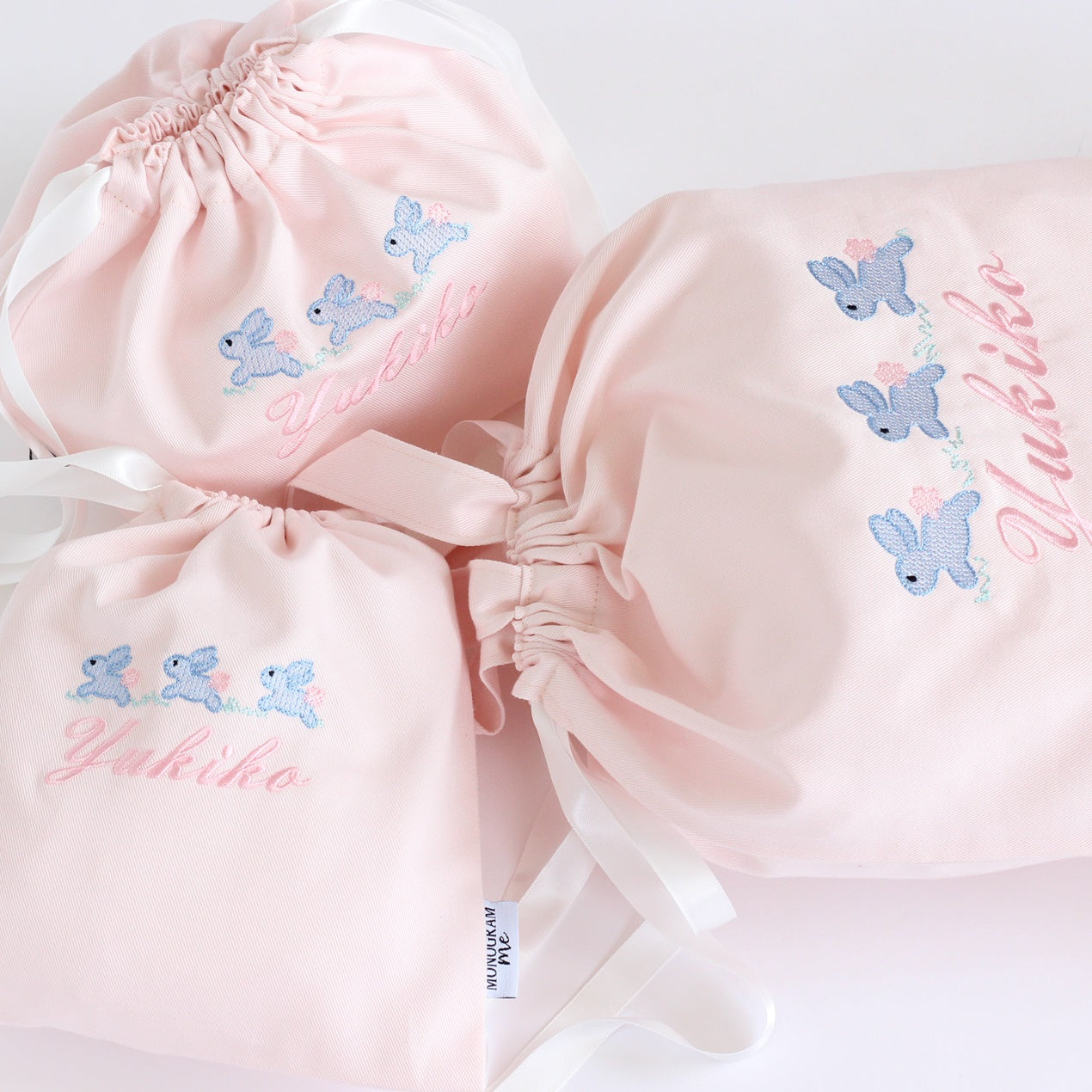 【うさぎさん+名入れ刺繍】巾着袋3種類セット(4色)