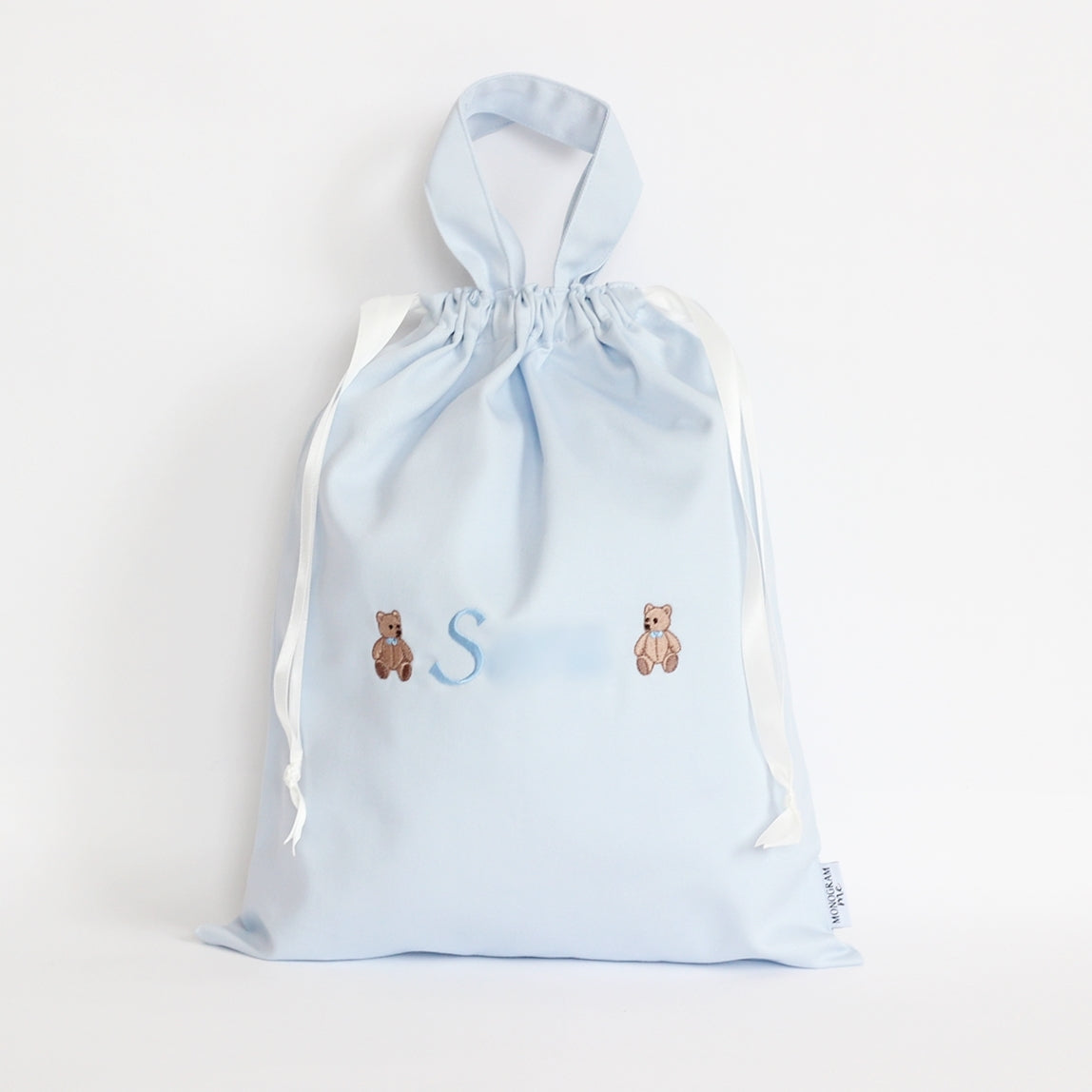 【おすましくまちゃん+名入れ刺繍】巾着袋L持ち手つき(4色)