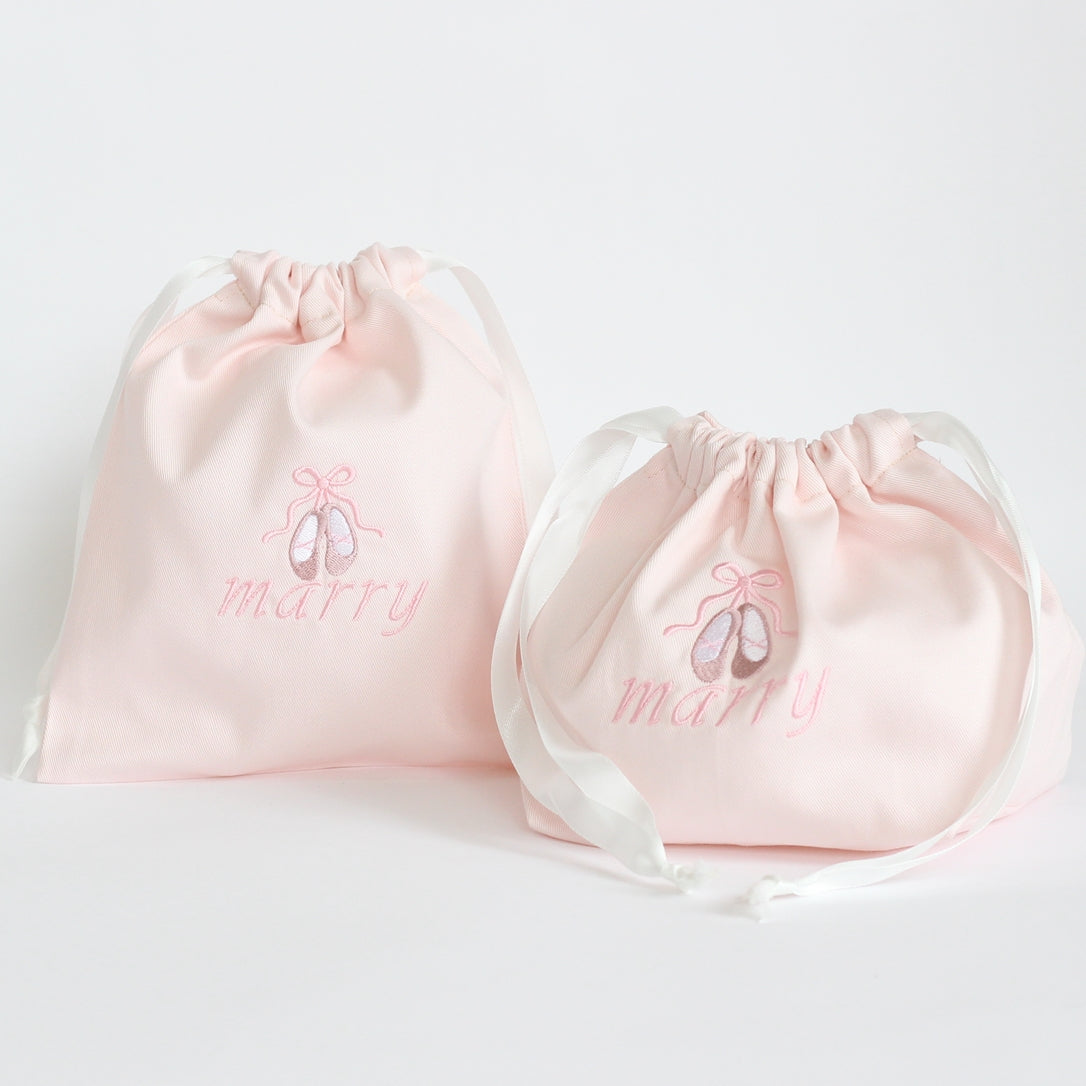 【トゥーシューズ+名入れ刺繍】巾着袋Mマチ付き(無地4色)