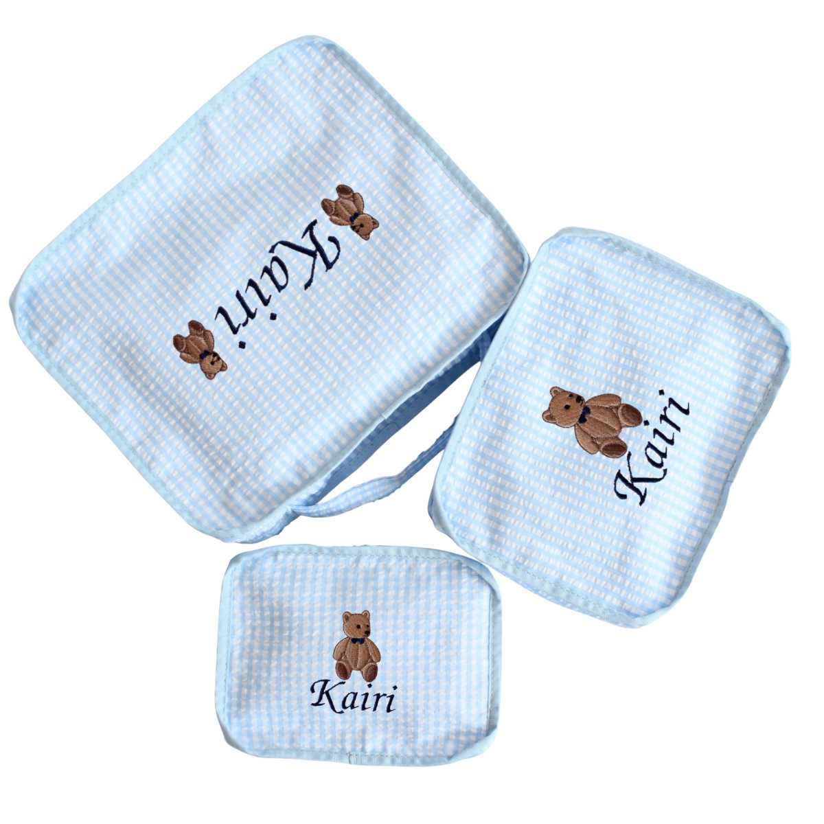 【選べるモチーフ】スタッキングポーチ３点セットBlue Check Seersucker