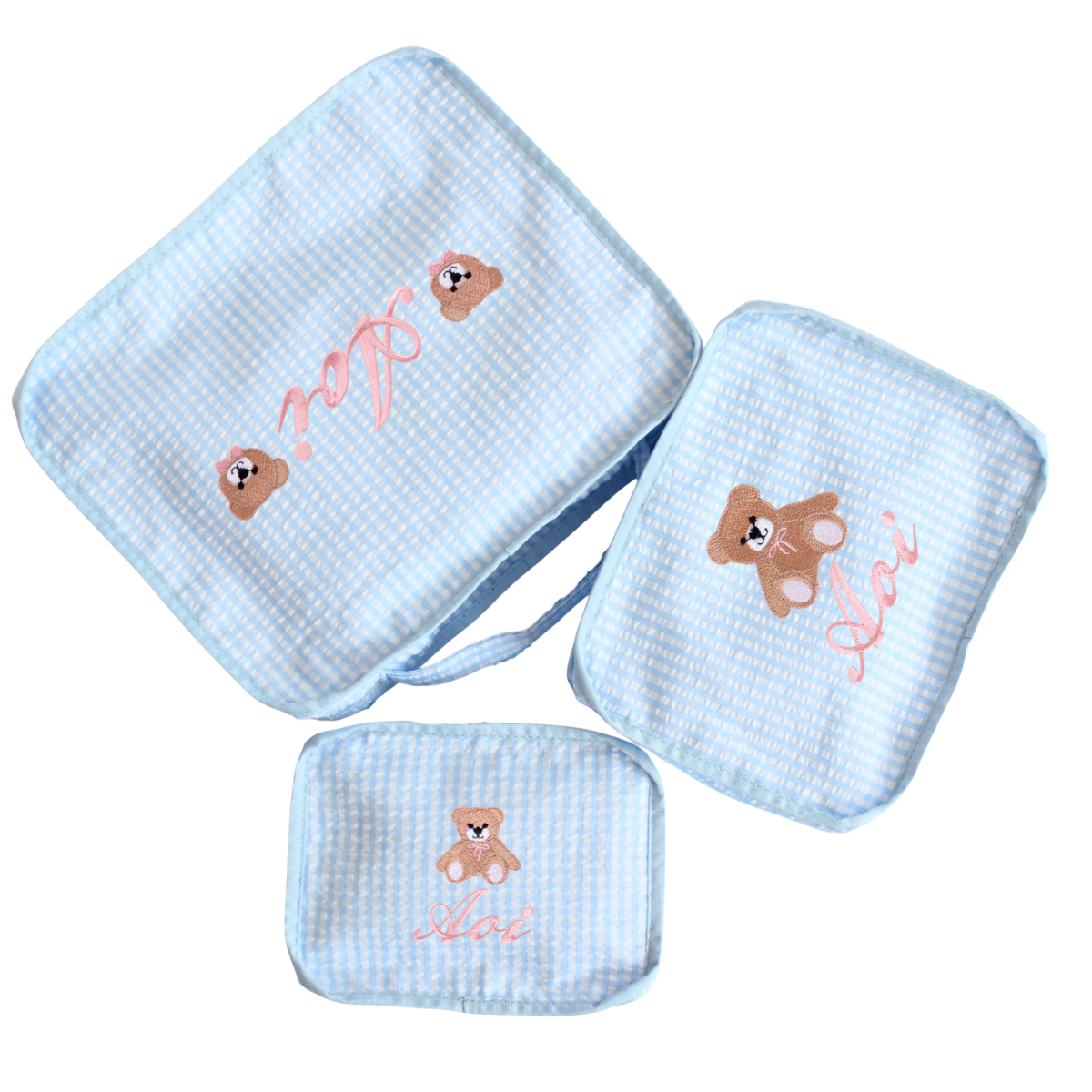 【選べるモチーフ】スタッキングポーチ３点セットBlue Check Seersucker