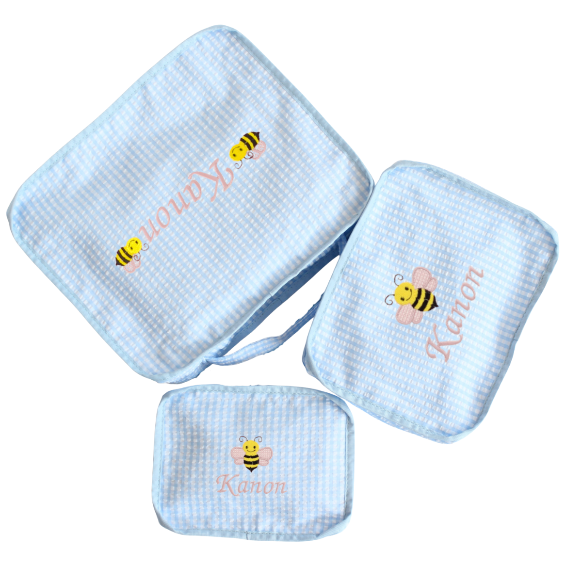 【選べるモチーフ】スタッキングポーチ３点セットBlue Check Seersucker