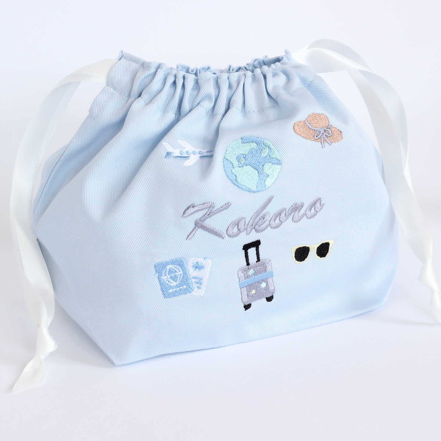 【Travelモチーフ+名入れ刺繍】巾着袋３点セット（4色）ドローストリングバッグ
