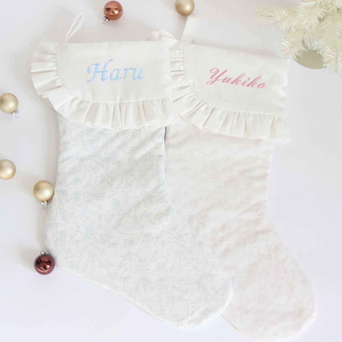 オリジナル!!トワルドジュイ柄のフリルクリスマスストッキング