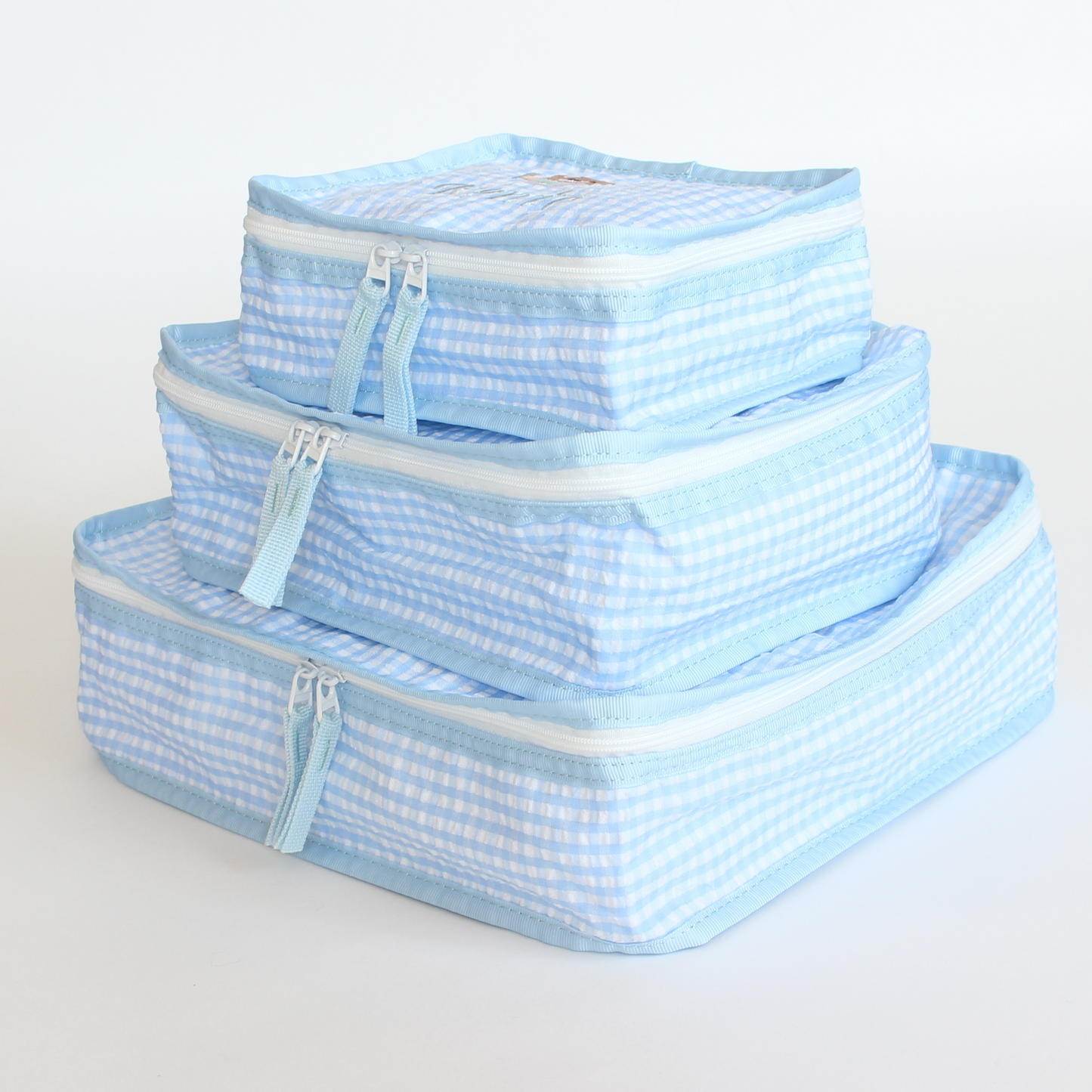 【選べるモノグラム】スタッキングポーチ３点セットBlue Check Seersucker