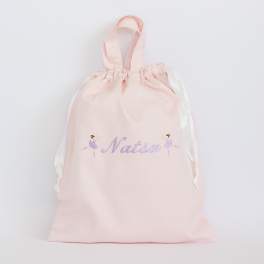 【踊るバレリーナちゃん+名入れ刺繍】巾着袋L持ち手付きドローストリングバッグ（4色）