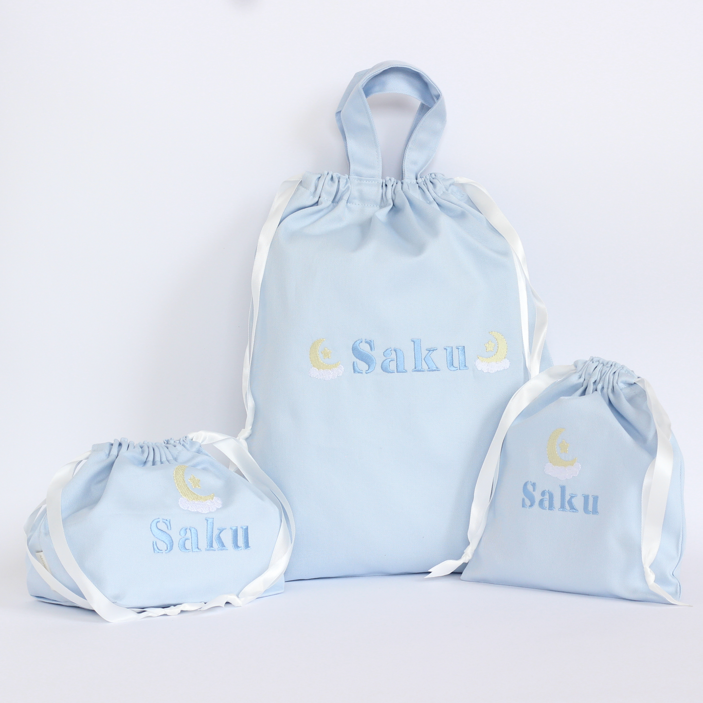【ムーン🌙＆スター⭐+名入れ刺繍】巾着袋3種類セット（4色）